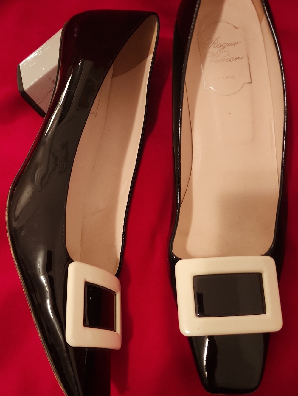 Roger Vivier Black Patent Pumps with Cream Square Buckles